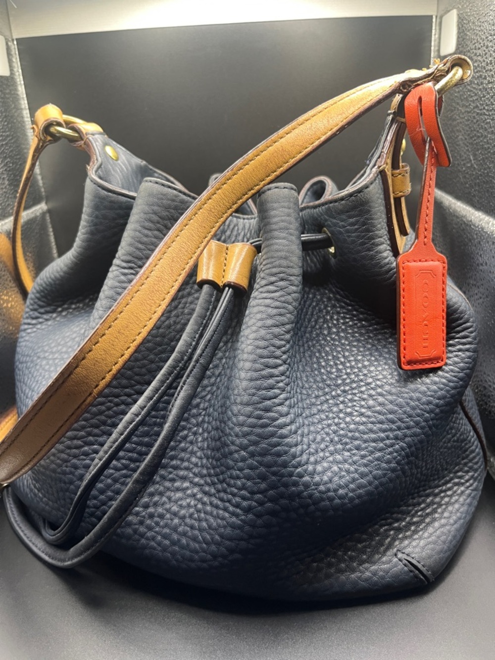 Coach Navy Pebbled Leather Drawstring Hobo with Tan Straps and Red Tag